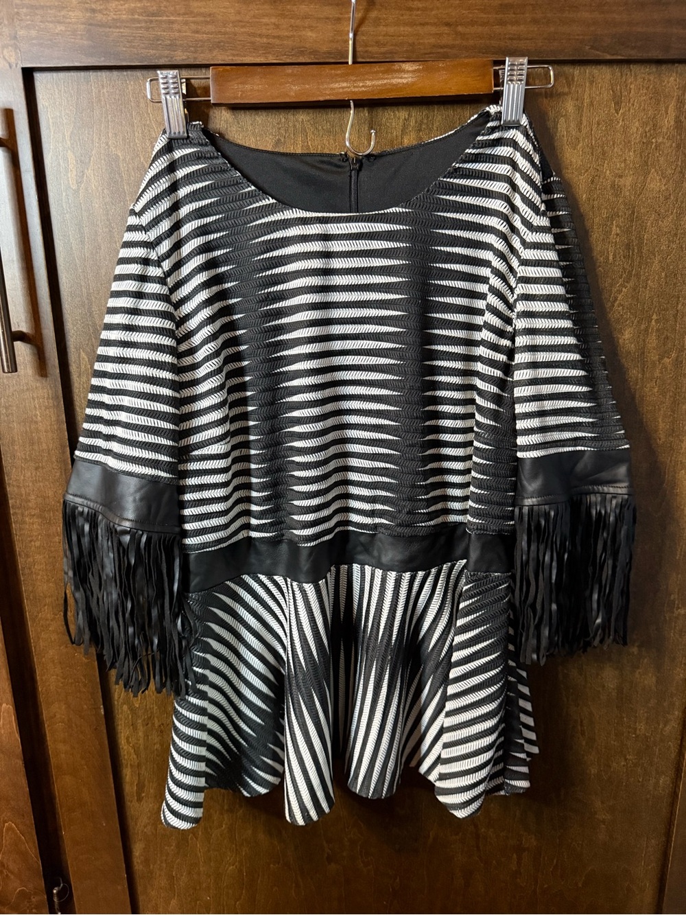 Ashro Black and White Striped Fringe-Hem Tunic
